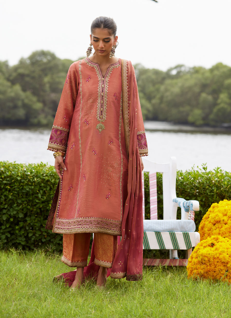 Farah Talib Aziz | Mayna Festive Luxe Pret | Rivaaz Coral Shirt And Dupatta