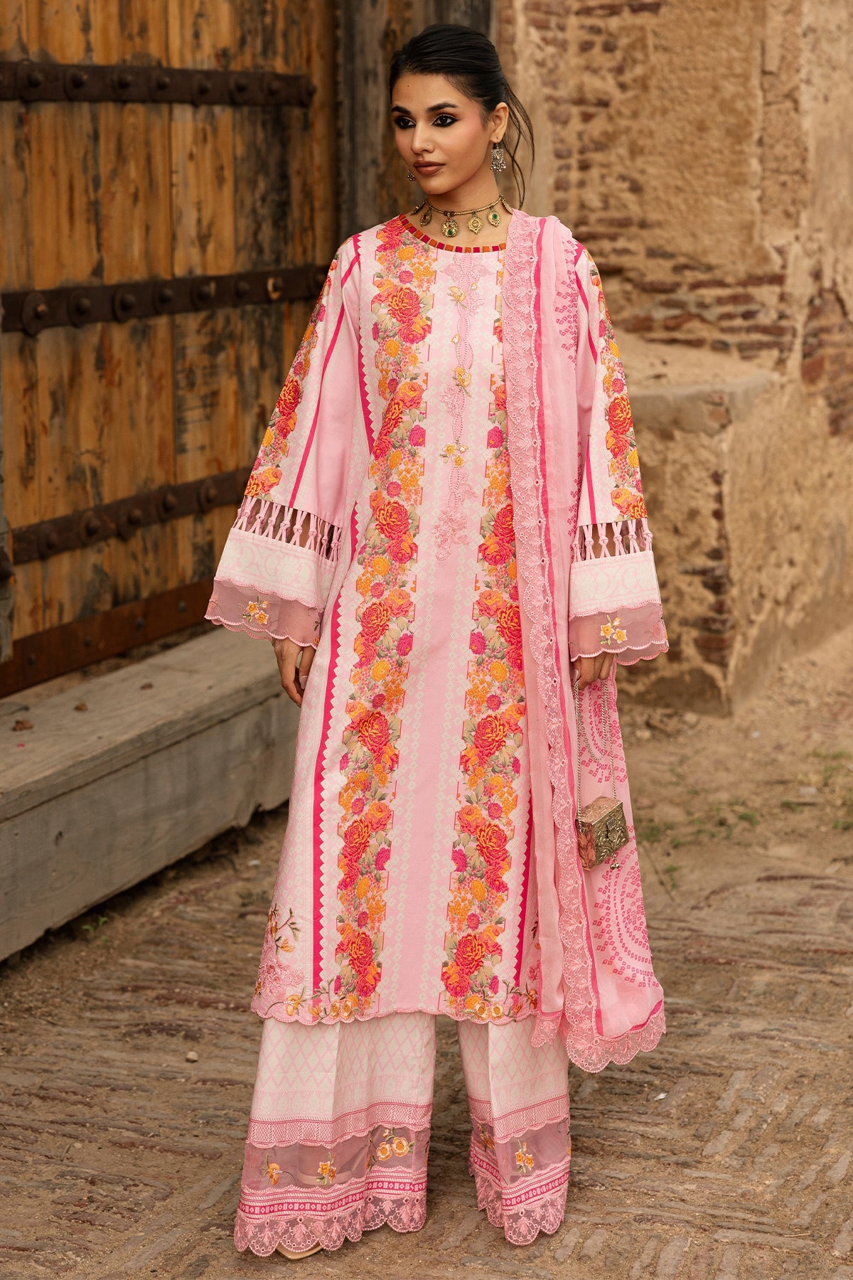 charizma pink dress Embroidered Chiffon Pink Stitched Suit