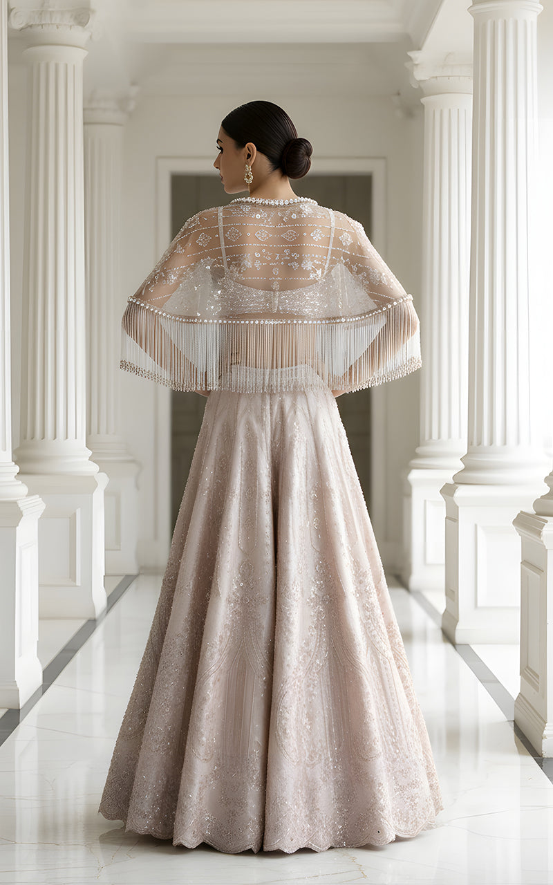 Threads and Motifs | Formal Dresses 25 | Net Embroidered Blouse With Cape And Lehenga