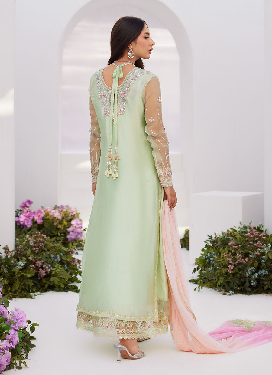 Farah Talib Aziz | Zaza Luxe Pret 24 | COLLETTE MINT OMBRE EMBELLISHED COLUMN SHIRT WITH KALIDAAR WITH EMBROIDERED SLIP - Khanumjan  Pakistani Clothes and Designer Dresses in UK, USA