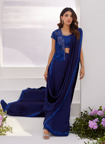 Farah Talib Aziz | Zaza Luxe Pret 24 | OCEAN NAVY DRAPED SAREE WITH CUTWORK EMBELLISHED CAPE - Khanumjan Pakistani Clothes and Designer Dresses in UK, USA