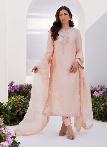 Farah Talib Aziz | Zaza Luxe Pret 24 | ELEA PEACH EMBROIDERED RAW SILK SHIRT AND DUPATTA - Khanumjan Pakistani Clothes and Designer Dresses in UK, USA