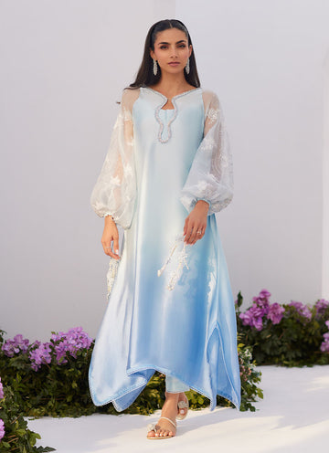 Farah Talib Aziz | Zaza Luxe Pret 24 | BOW OMBRE BLUE EMBELLISHED KAFTAN CUT SHIRT - Khanumjan Pakistani Clothes and Designer Dresses in UK, USA
