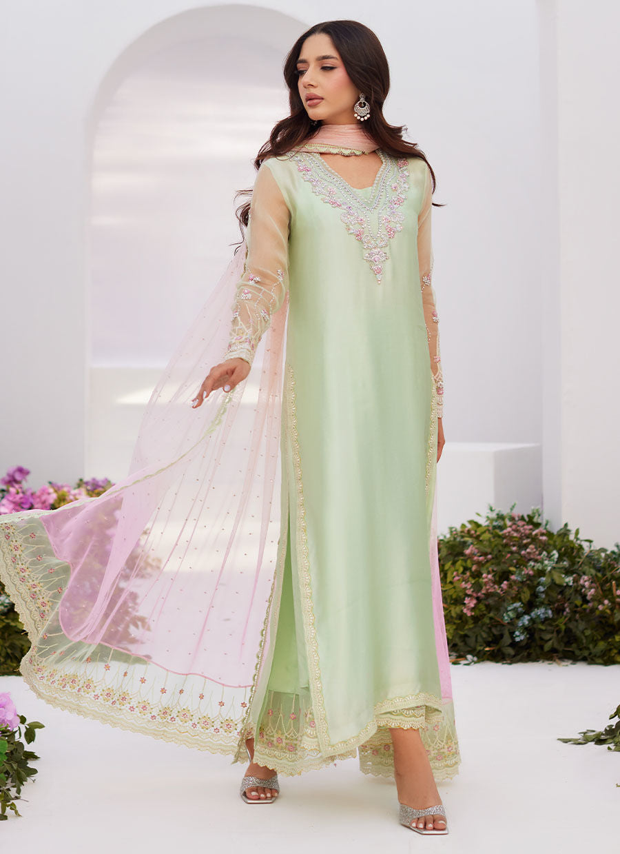 Farah Talib Aziz | Zaza Luxe Pret 24 | COLLETTE MINT OMBRE EMBELLISHED COLUMN SHIRT WITH KALIDAAR WITH EMBROIDERED SLIP - Khanumjan  Pakistani Clothes and Designer Dresses in UK, USA