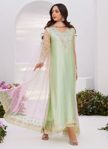 Farah Talib Aziz | Zaza Luxe Pret 24 | COLLETTE MINT OMBRE EMBELLISHED COLUMN SHIRT WITH KALIDAAR WITH EMBROIDERED SLIP - Khanumjan Pakistani Clothes and Designer Dresses in UK, USA