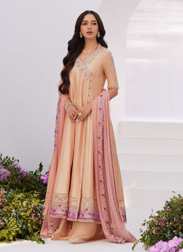 Farah Talib Aziz | Zaza Luxe Pret 24 | LISETTE FAWN EMBELLISHED RAW SILK ANGARKHA AND DUPATTA - Khanumjan Pakistani Clothes and Designer Dresses in UK, USA
