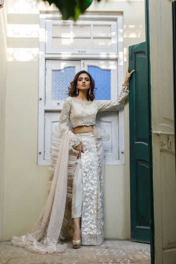 Wahajmkhan | Bahar Begum Formals | IVORY SARI PANTS - Khanumjan Pakistani Clothes and Designer Dresses in UK, USA