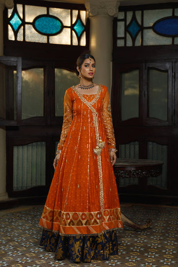 Wahajmkhan | Bahar Begum Formals | SAPPHIRE BURNT ANGARKHA - Khanumjan Pakistani Clothes and Designer Dresses in UK, USA