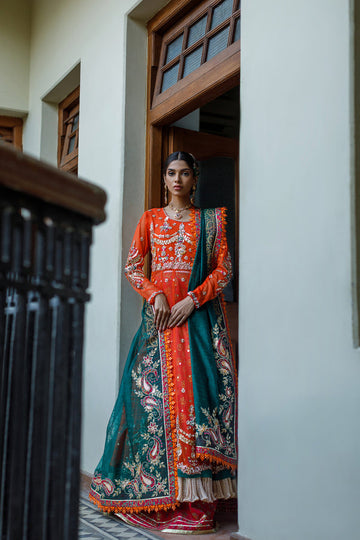 Wahajmkhan | Bahar Begum Formals | BURNT & EMERALD SHAWL ANARKALI - Khanumjan Pakistani Clothes and Designer Dresses in UK, USA