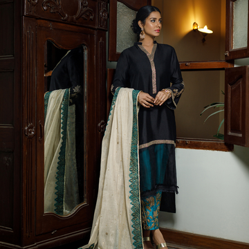 Wahajmkhan | Bahar Begum Formals | BLACK TURQUOISE BEGUM JORA - Khanumjan Pakistani Clothes and Designer Dresses in UK, USA