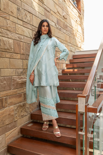 Wahaj M Khan | The Print Story | Grey Blue Sheesha Outfit