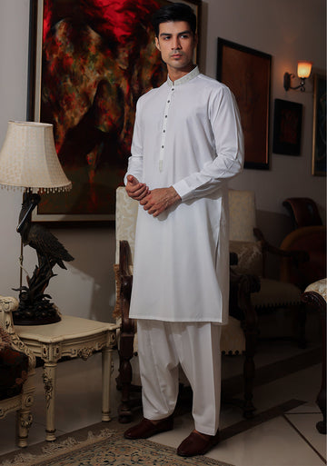Pakistani Menswear | Amir Adnan - Basic Cotton Silk Cloud Dancer Classic Fit Embroidered Suit - Khanumjan Pakistani Clothes and Designer Dresses in UK, USA