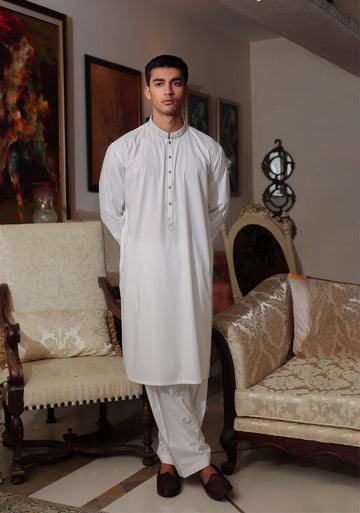 Pakistani Menswear | Amir Adnan - Basic Poly Viscose Bright White Classic Fit Embroidered Suit - Khanumjan Pakistani Clothes and Designer Dresses in UK, USA