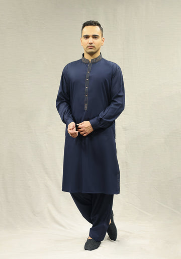 Pakistani Menswear | Amir Adnan - Classic Poly Viscose Salute Slim Fit Embroidered Suit - Khanumjan Pakistani Clothes and Designer Dresses in UK, USA