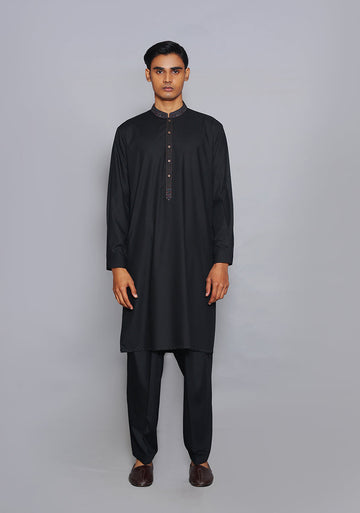 Pakistani Menswear | Amir Adnan - Basic Poly Viscose Pirat Black Classic Fit Embroidered Suit - Khanumjan Pakistani Clothes and Designer Dresses in UK, USA