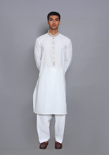 Pakistani Menswear | Amir Adnan - Basic Cotton Silk Cloud Dancer Classic Fit Embroidered Suit - Khanumjan Pakistani Clothes and Designer Dresses in UK, USA