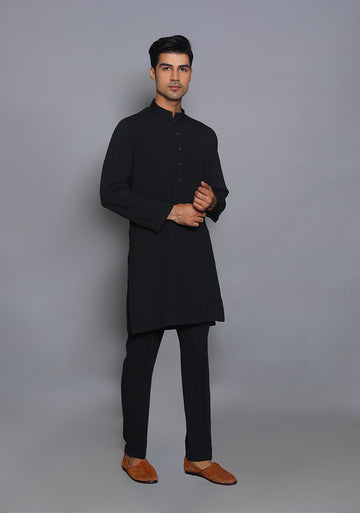 Pakistani Menswear | Amir Adnan - Classic Georgette Jet Black Slim Fit Plain Suit - Khanumjan Pakistani Clothes and Designer Dresses in UK, USA