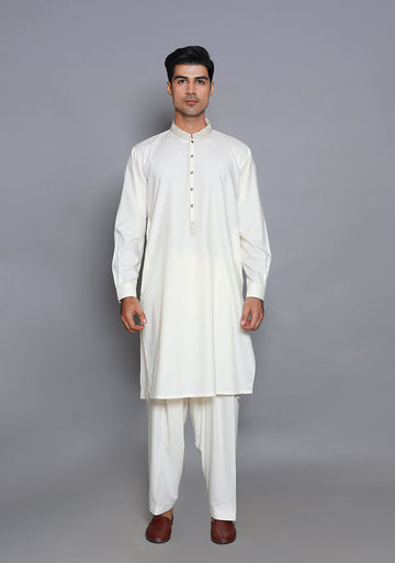 Pakistani Menswear | Amir Adnan - Basic Poly Viscose Snow White Classic Fit Embroidered Suit - Khanumjan Pakistani Clothes and Designer Dresses in UK, USA