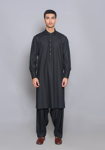 Pakistani Menswear | Amir Adnan - Basic Poly Viscose Pirat Black Slim Fit Plain Suit - Khanumjan Pakistani Clothes and Designer Dresses in UK, USA