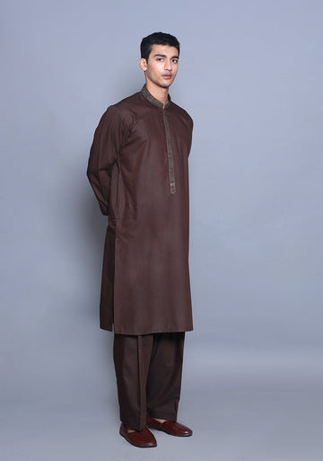 Pakistani Menswear | Amir Adnan - Basic Poly Viscose Wren Classic Fit Embroidered Suit - Khanumjan Pakistani Clothes and Designer Dresses in UK, USA