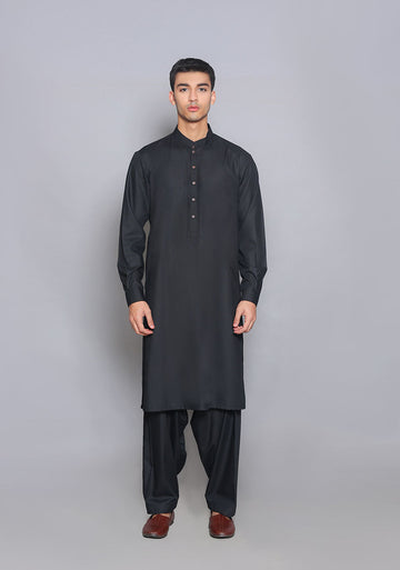 Pakistani Menswear | Amir Adnan - Basic Poly Viscose Pirat Black Classic Fit Suit - Khanumjan Pakistani Clothes and Designer Dresses in UK, USA