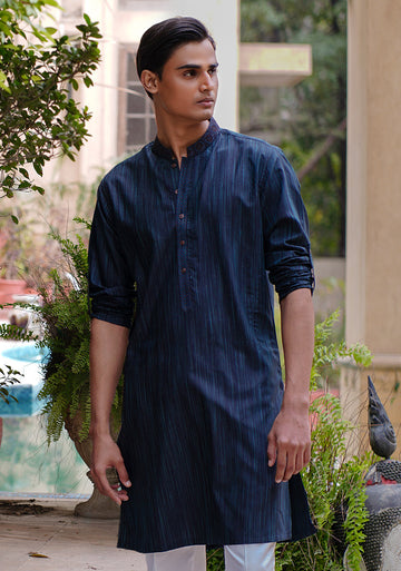 Pakistani Menswear | Amir Adnan - Basic Poly Viscose Deep Teal Slim Fit Kurta - Khanumjan Pakistani Clothes and Designer Dresses in UK, USA