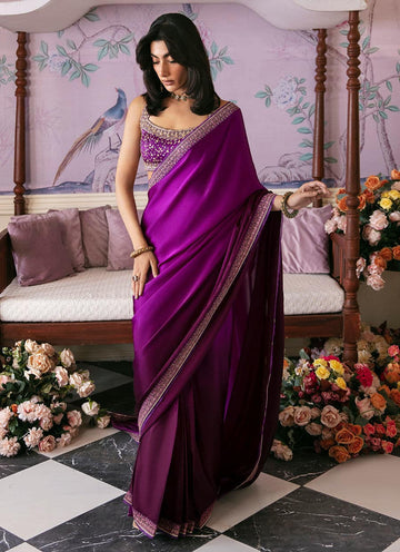 Farah Talib Aziz | Mayna Festive Luxe | AIGUL AUBERGINE SAREE - Khanumjan Pakistani Clothes and Designer Dresses in UK, USA