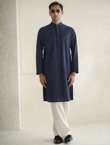 Pakistani Menswear | Ismail Farid - BLUE EMBROIDERED KURTA - Khanumjan Pakistani Clothes and Designer Dresses in UK, USA