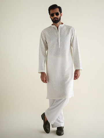 Pakistani Menswear | Ismail Farid - OFF-WHITE HEAVY EMBROIDERED KURTA - Khanumjan Pakistani Clothes and Designer Dresses in UK, USA