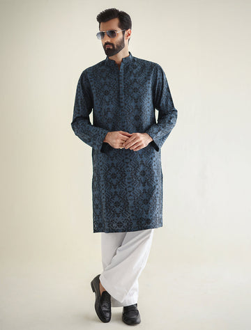 Pakistani Menswear | Ismail Farid - BLUE EMBROIDERED KURTA - Khanumjan Pakistani Clothes and Designer Dresses in UK, USA