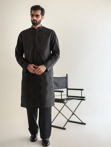 Pakistani Menswear | Ismail Farid - BLACK EMBROIDERED KURTA - Khanumjan Pakistani Clothes and Designer Dresses in UK, USA
