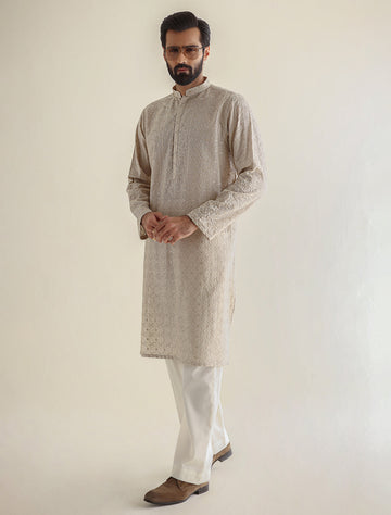 Pakistani Menswear | Ismail Farid - BEIGE HEAVY EMBROIDERED KURTA - Khanumjan Pakistani Clothes and Designer Dresses in UK, USA