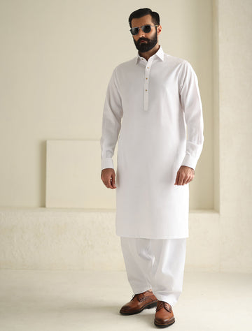 Pakistani Menswear | Ismail Farid - WHITE TWILL KAMEEZ SHALWAR - Khanumjan Pakistani Clothes and Designer Dresses in UK, USA