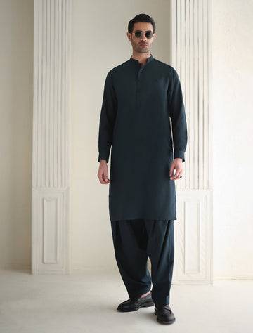 Pakistani Menswear | Ismail Farid - TEAL TEXTURED KAMEEZ SHALWAR - Khanumjan Pakistani Clothes and Designer Dresses in UK, USA