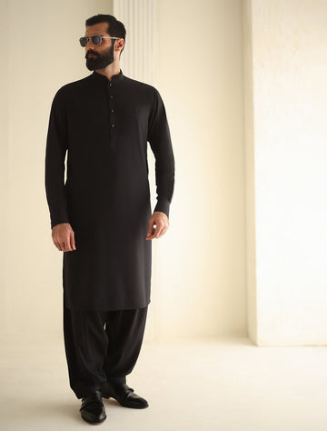 Pakistani Menswear | Ismail Farid - BLACK MANDARIN COLLAR KAMEEZ SHALWAR - Khanumjan Pakistani Clothes and Designer Dresses in UK, USA