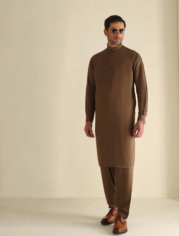 Pakistani Menswear | Ismail Farid - TAN KAMEEZ SHALWAR - Khanumjan Pakistani Clothes and Designer Dresses in UK, USA