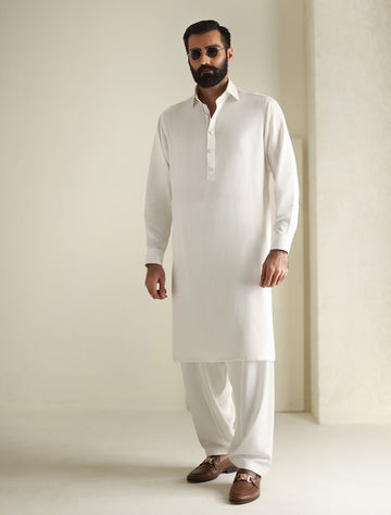 Pakistani Menswear | Ismail Farid - PEARL WHITE APPLIQUE KAMEEZ SHALWAR - Khanumjan Pakistani Clothes and Designer Dresses in UK, USA