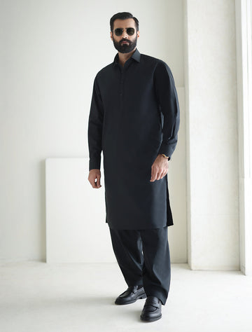 Pakistani Menswear | Ismail Farid - BLACK KAMEEZ SHALWAR - Khanumjan Pakistani Clothes and Designer Dresses in UK, USA