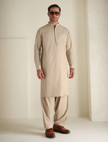 Pakistani Menswear | Ismail Farid - BEIGE LOGO-EMBROIDERED KAMEEZ SHALWAR - Khanumjan Pakistani Clothes and Designer Dresses in UK, USA