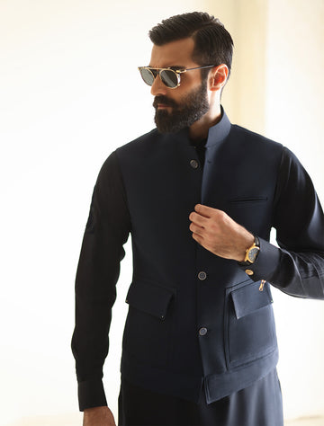 Pakistani Menswear | Ismail Farid - NAVY WAISTCOAT - Khanumjan Pakistani Clothes and Designer Dresses in UK, USA