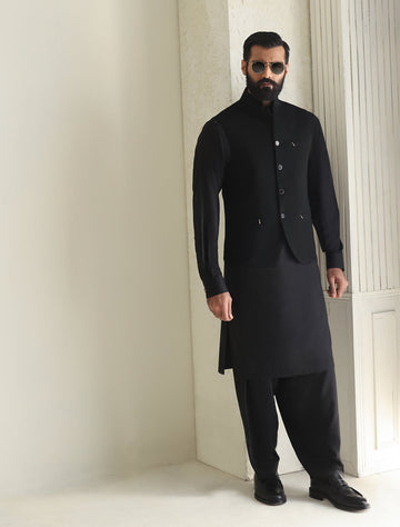 Pakistani Menswear | Ismail Farid - BLACK SLIM FIT WAISTCOAT - Khanumjan Pakistani Clothes and Designer Dresses in UK, USA