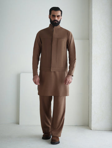 Pakistani Menswear | Ismail Farid - CAMEL WAISTCOAT - Khanumjan Pakistani Clothes and Designer Dresses in UK, USA