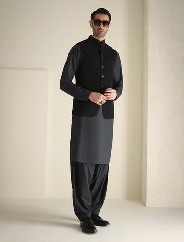 Pakistani Menswear | Ismail Farid - THE VERY DARK BLACK WAISTCOAT - Khanumjan Pakistani Clothes and Designer Dresses in UK, USA