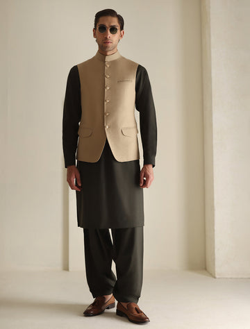 Pakistani Menswear | Ismail Farid - TRUE BEIGE WAISTCOAT - Khanumjan Pakistani Clothes and Designer Dresses in UK, USA