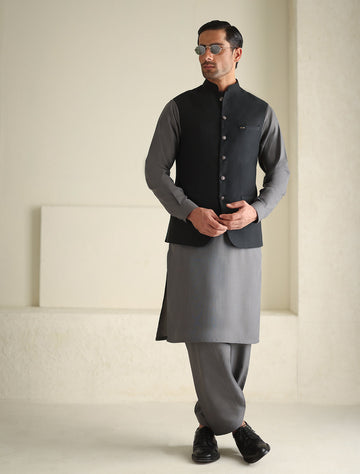 Pakistani Menswear | Ismail Farid - BLACK TEXTURED WAISTCOAT - Khanumjan Pakistani Clothes and Designer Dresses in UK, USA