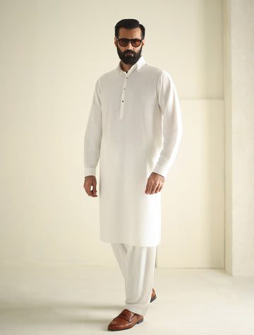 Pakistani Menswear | Ismail Farid - OFF-WHITE BUTTON-DOWN KAMEEZ SHALWAR - Khanumjan Pakistani Clothes and Designer Dresses in UK, USA