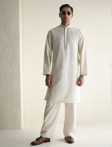 Pakistani Menswear | Ismail Farid - OFF-WHITE EMBROIDERED KURTA - Khanumjan Pakistani Clothes and Designer Dresses in UK, USA