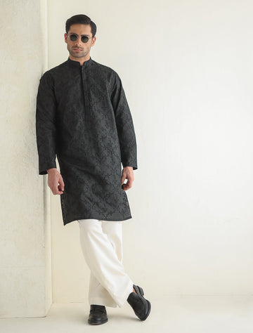 Pakistani Menswear | Ismail Farid - BLACK EMBROIDERED KURTA - Khanumjan Pakistani Clothes and Designer Dresses in UK, USA