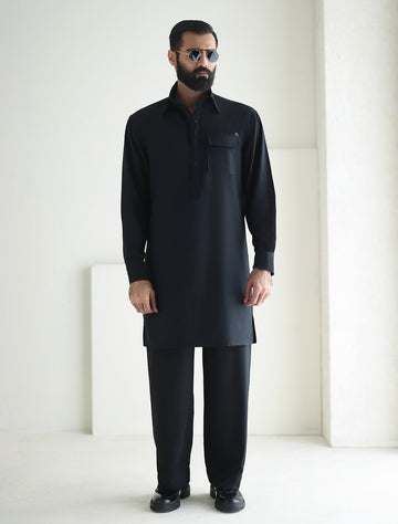 Pakistani Menswear | Ismail Farid - BLACK DESIGNER KURTA PAJAMA - Khanumjan Pakistani Clothes and Designer Dresses in UK, USA