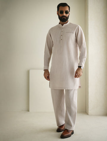Pakistani Menswear | Ismail Farid - LIGHT BEIGE DESIGNER KURTA PAJAMA - Khanumjan Pakistani Clothes and Designer Dresses in UK, USA